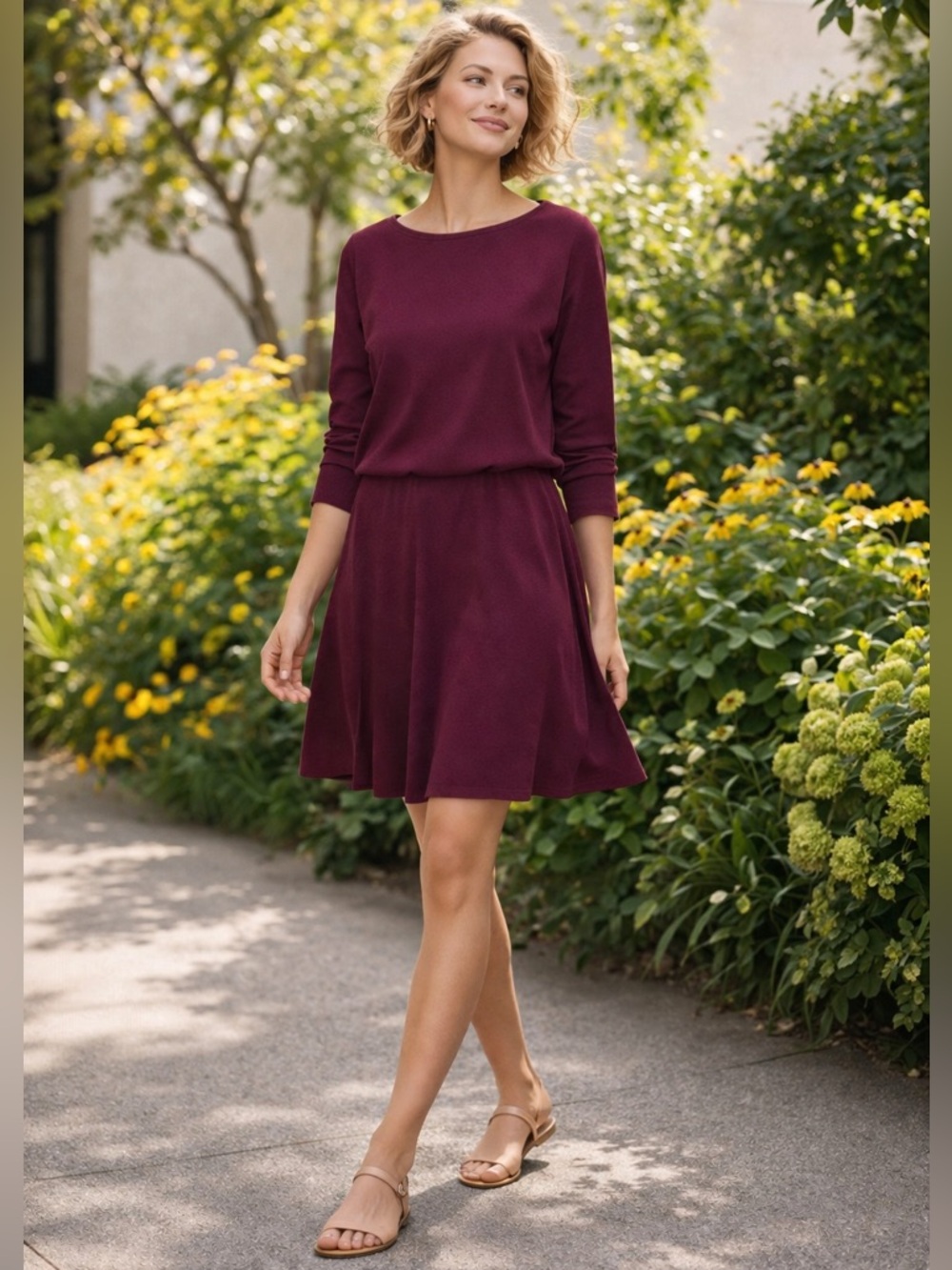 Le Muse Burgundy Fit & Flare Dress Long Sleeve Button Back Size S